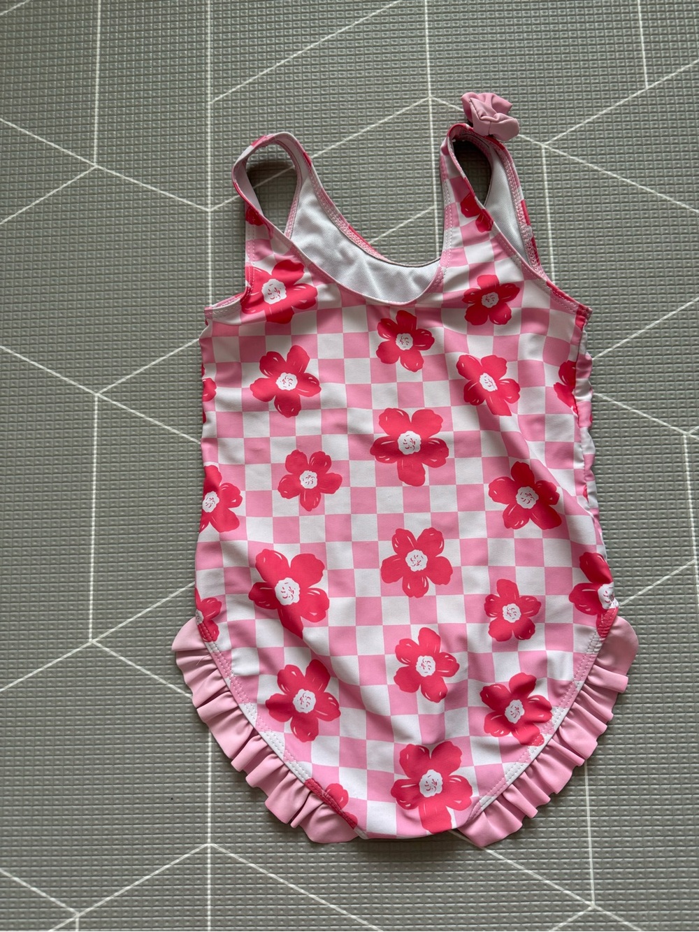 Small shop|Big girl swimsuit,Pink Floral Checkerboard One-Piece Swimsuit,boho•7